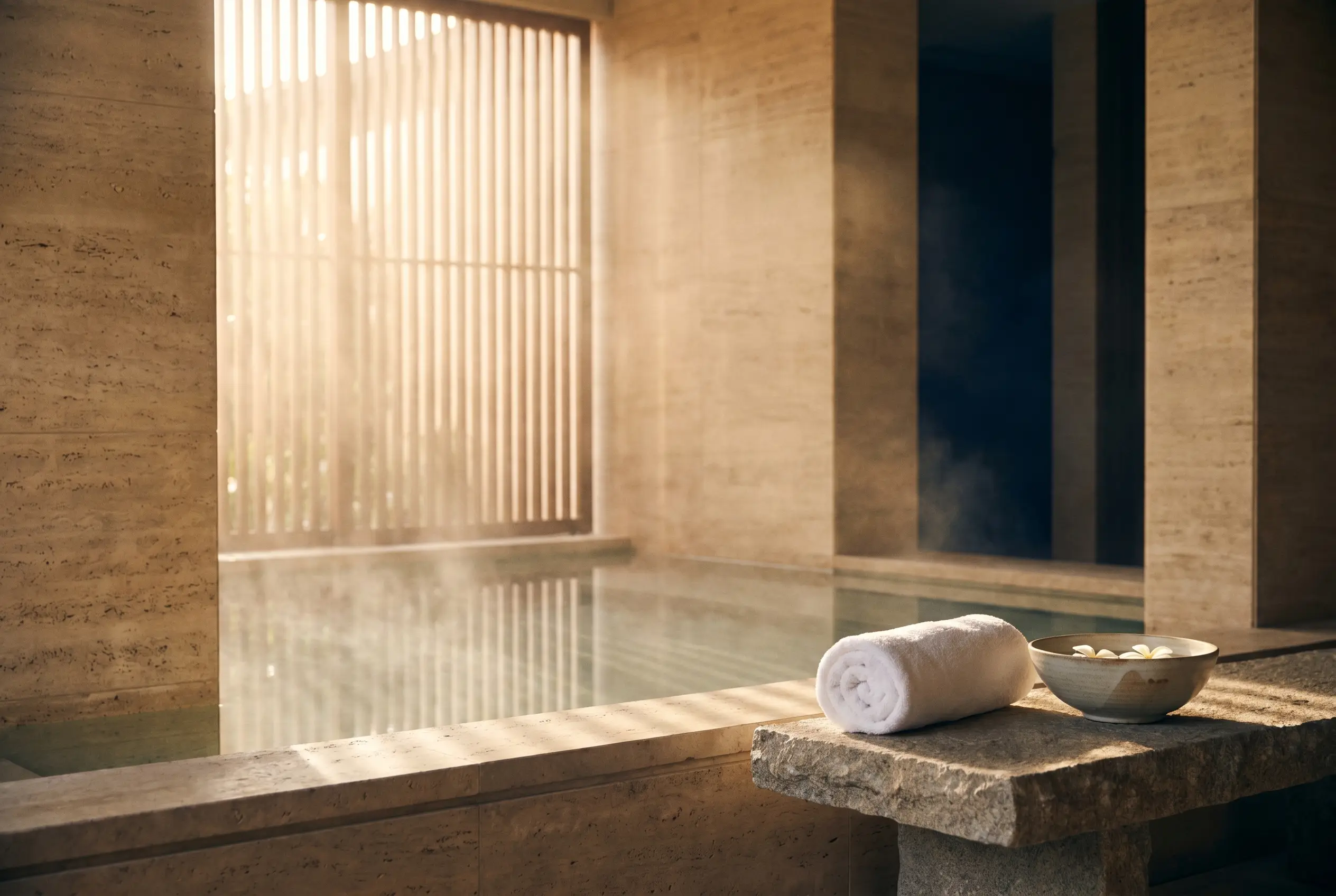 A tranquil luxury spa at dawn