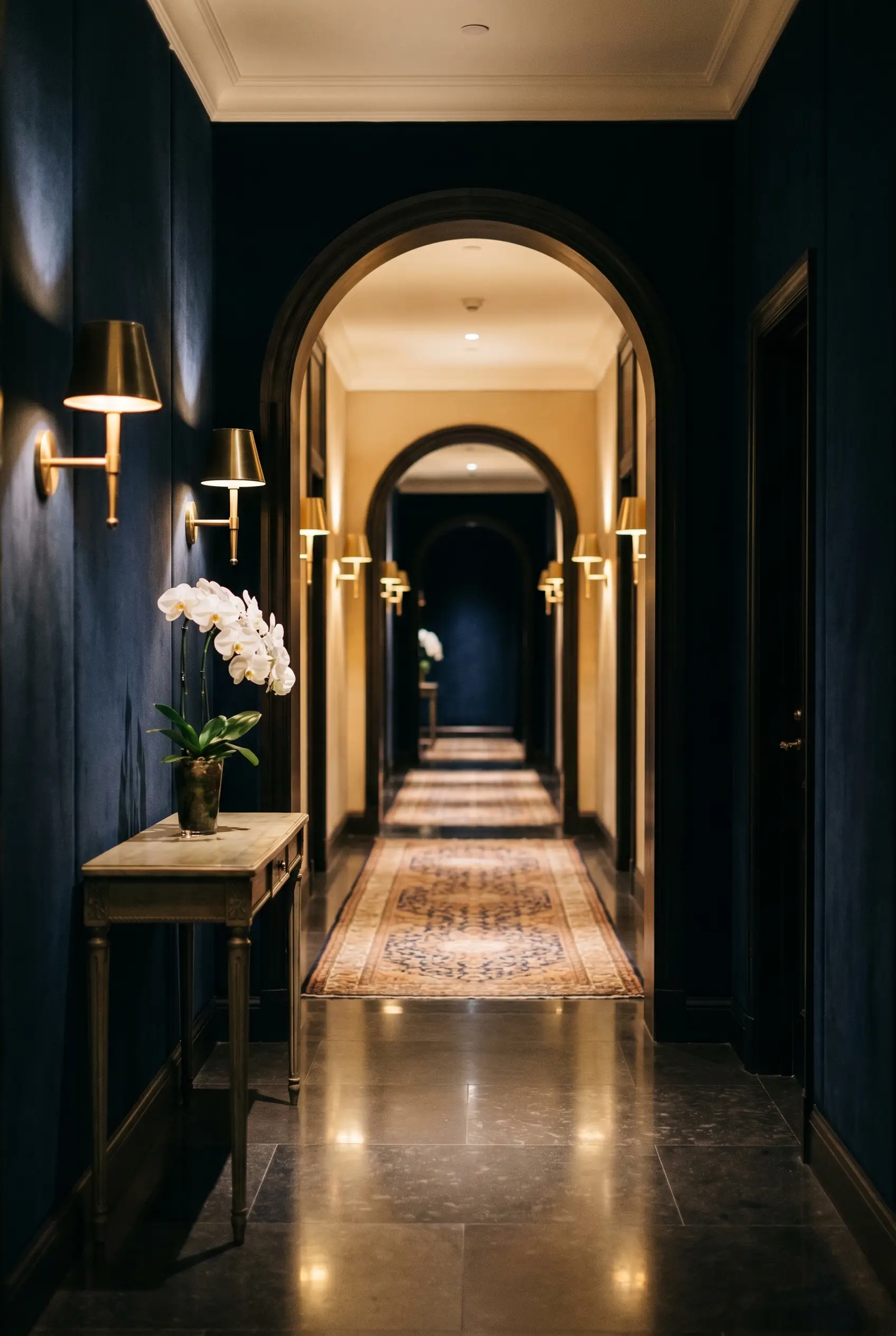 A moody luxury hotel corridor lit by warm brass sconces