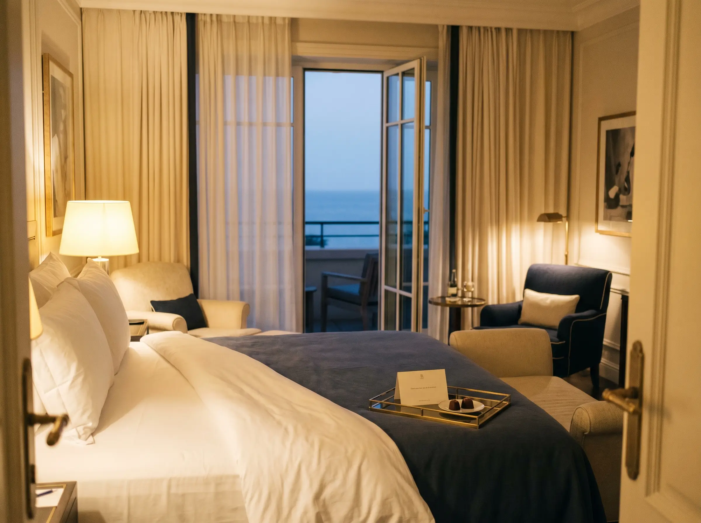 A luxury hotel suite turned down for the evening, sea view beyond
